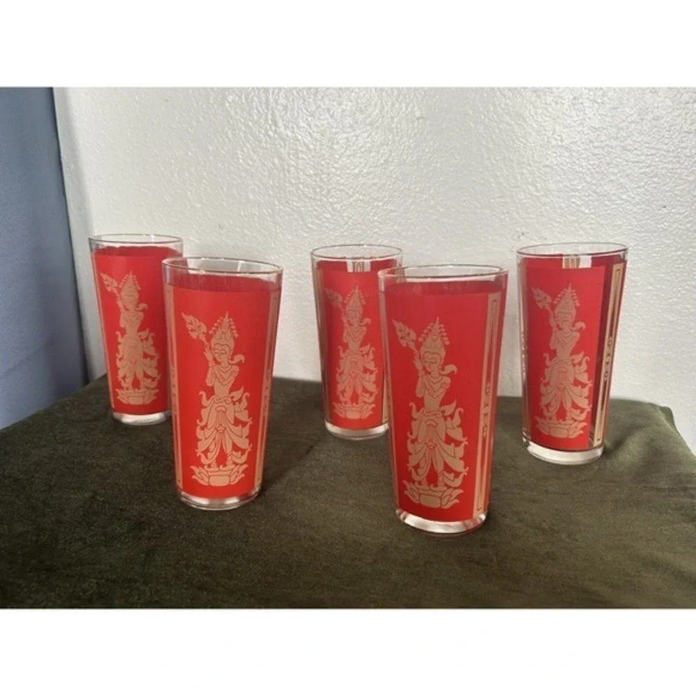 5-PC Vintage‎ Mid-century Modern Thai Goddess Culver Red Gold 12oz Glasses Gift
